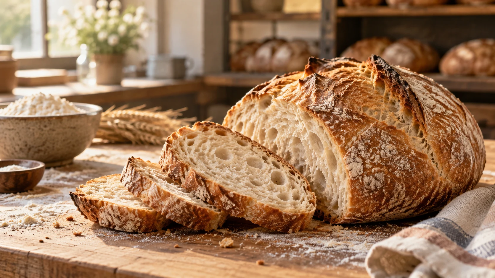 A freshly baked golden loaf and slices on a quiet bakery counter.